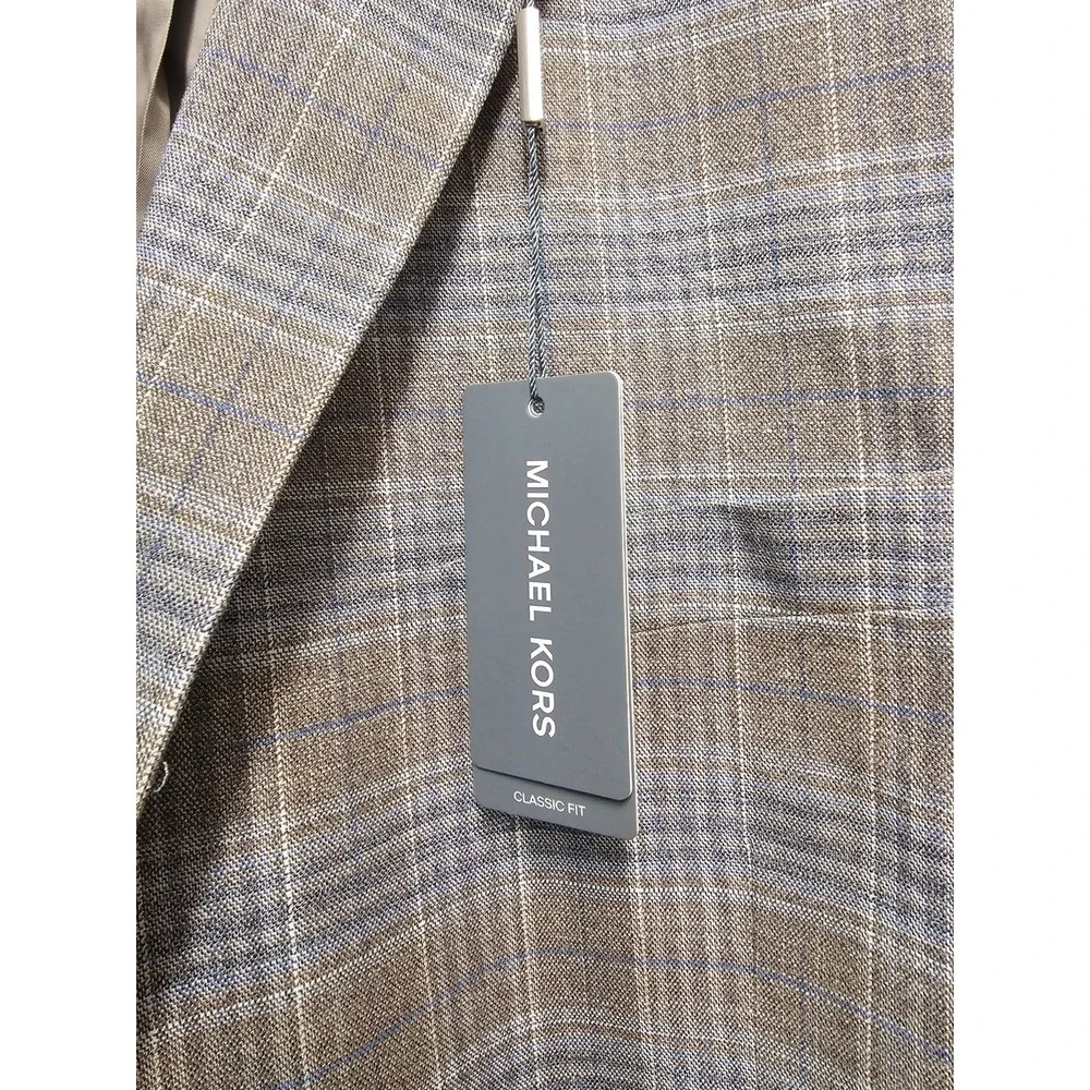 Michael Kors Kent Sport Coat Mens 52R Taupe Blue Plaid Classic Fit Blazer‎